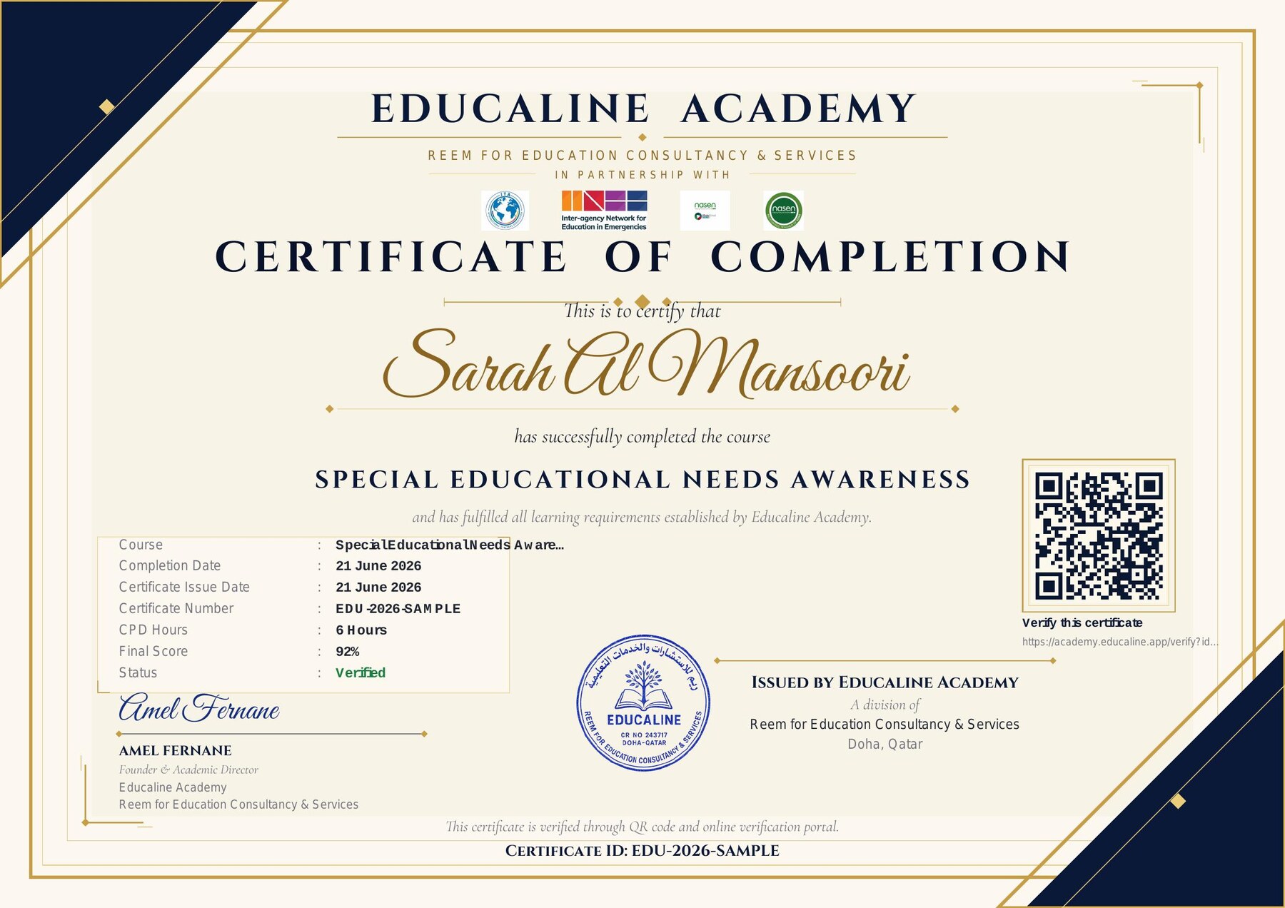Sample Educaline Academy certificate of completion